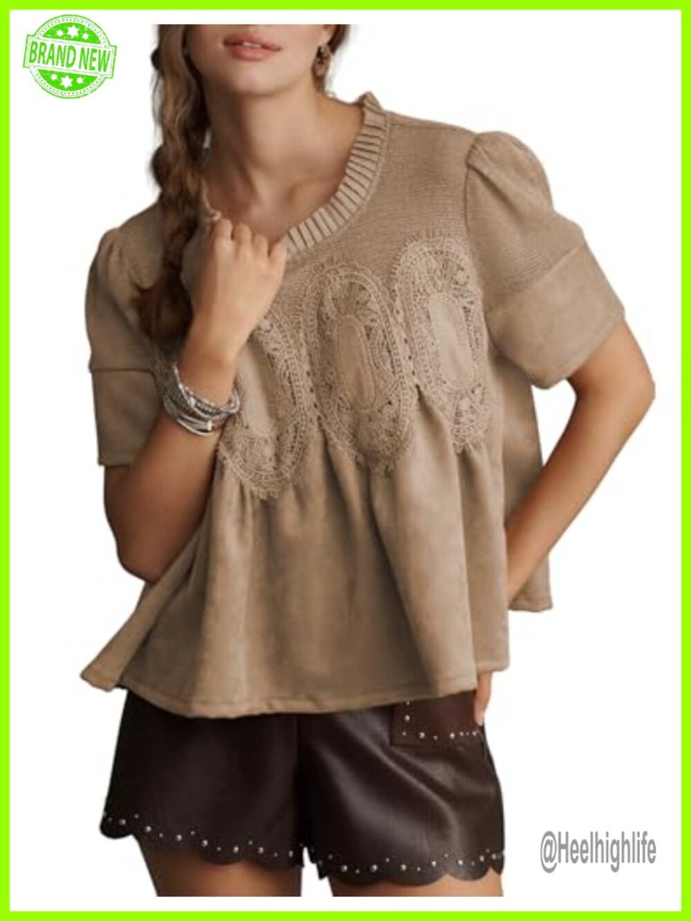 Faux Suede Lace Detail Babydoll Peplum Blouse Short Sleeve